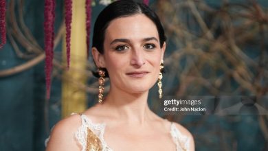 Jenny Slate in a gothic lace dress