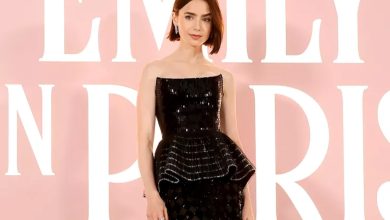 Lily Collins in a sequined dress