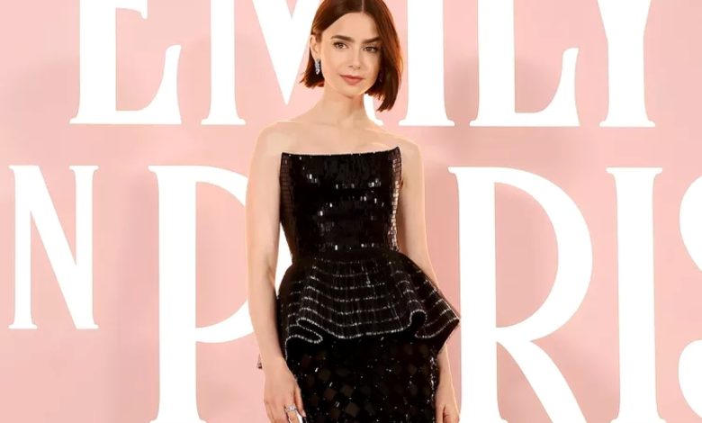 Lily Collins in a sequined dress