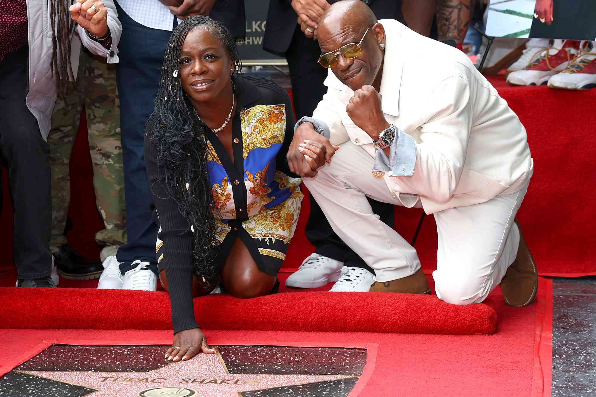 HOLLYWOOD, CALIFORNIA - JUNE 07: (L-R) Sekyiwa 'Set' Shakur and Mopreme Shakur attend the ceremony honoring Tupac Shakur with a posthumous Star on The Hollywood Walk Of Fame on June 07, 2023 in Hollywood, California. (Photo by Leon Bennett/Getty Images)