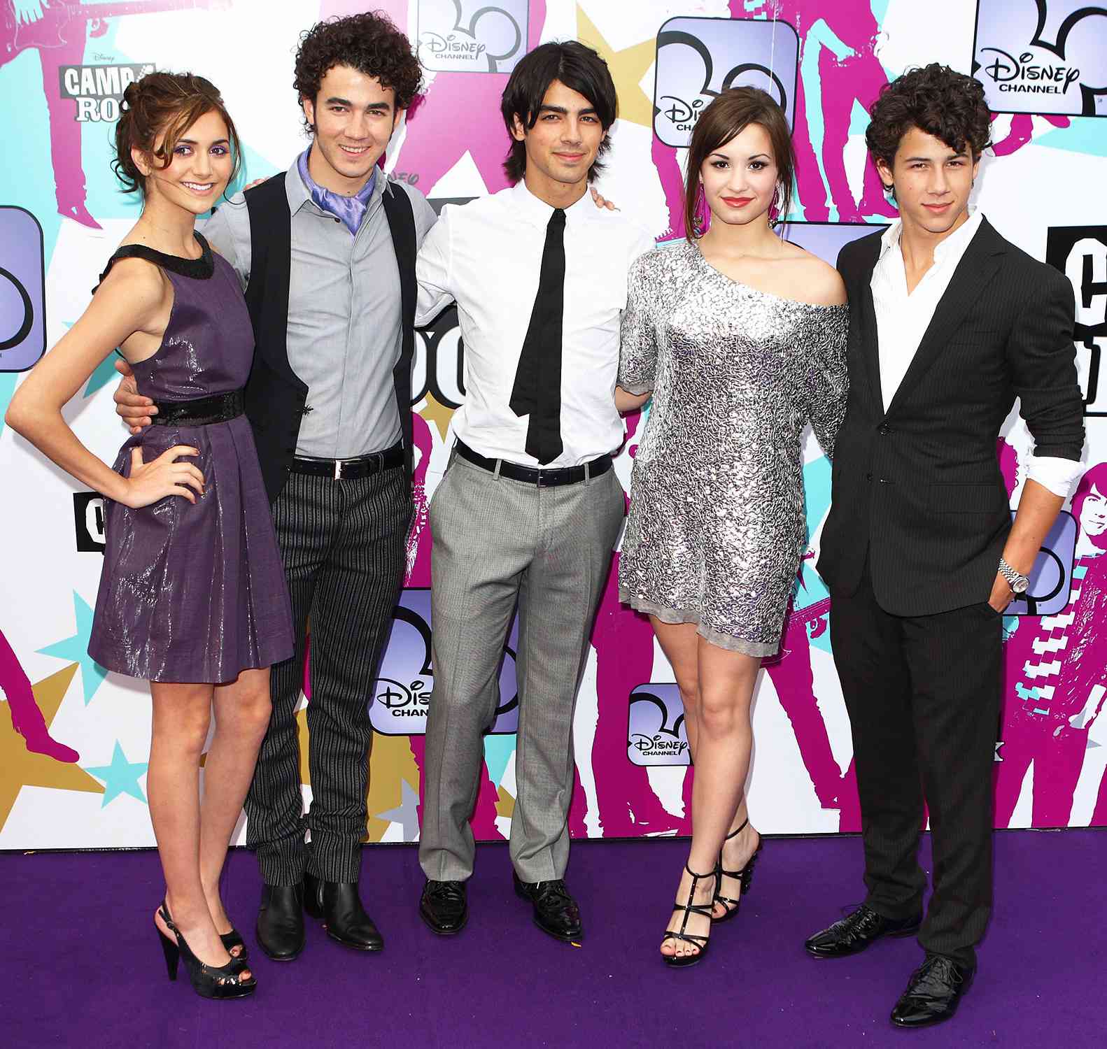 Alyson Stoner, Kevin Jonas, Joe Jonas, Demi Lovato and Nick Jones attends the European premiere of Camp Rock at The Royal Festival Hall on September 10, 2008 in London, England.