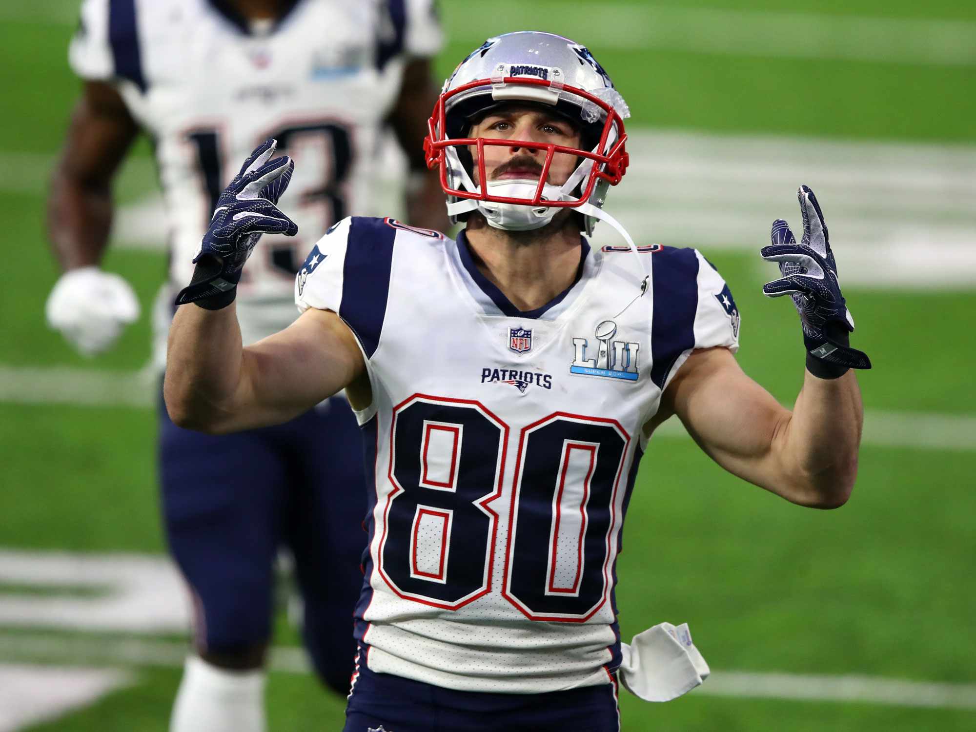 MINNEAPOLIS, MN - FEBRUARY 04: Danny Amendola #80 of the New England Patriots reacts prior to Super Bowl LII against the Philadelphia Eagles at U.S. Bank Stadium on February 4, 2018 in Minneapolis, Minnesota. (Photo by Gregory Shamus/Getty Images)