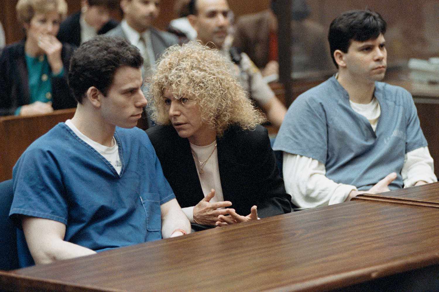 Erik Menendez with his attorney Leslie Abramson and his brother Lyle Menendez during the trial of the Menendez brothers in Los Angeles on March 9, 1994.