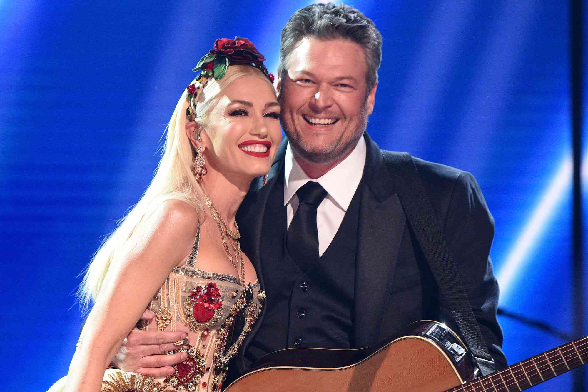 LOS ANGELES, CALIFORNIA - JANUARY 26: Gwen Stefani and Blake Shelton pose onstage during the 62nd Annual GRAMMY Awards at STAPLES Center on January 26, 2020 in Los Angeles, California. (Photo by Kevin Mazur/Getty Images for The Recording Academy)