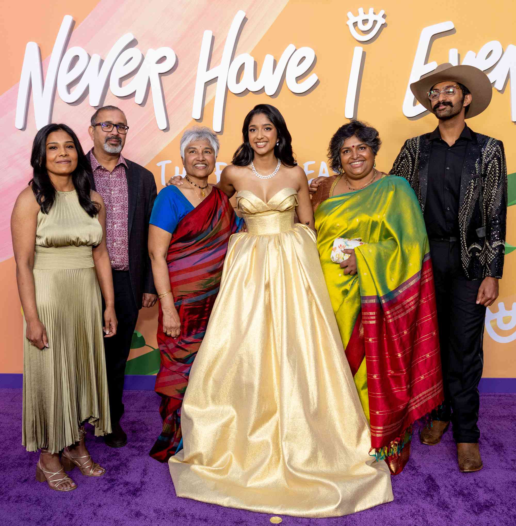 LOS ANGELES, CALIFORNIA - JUNE 01: Maitreyi Ramakrishnan (center) and her family attend Netflix's "Never Have I Ever" Season 4 Premiere Screening Event at Regency Village Theatre on June 01, 2023 in Los Angeles, California. (Photo by Emma McIntyre/WireImage)