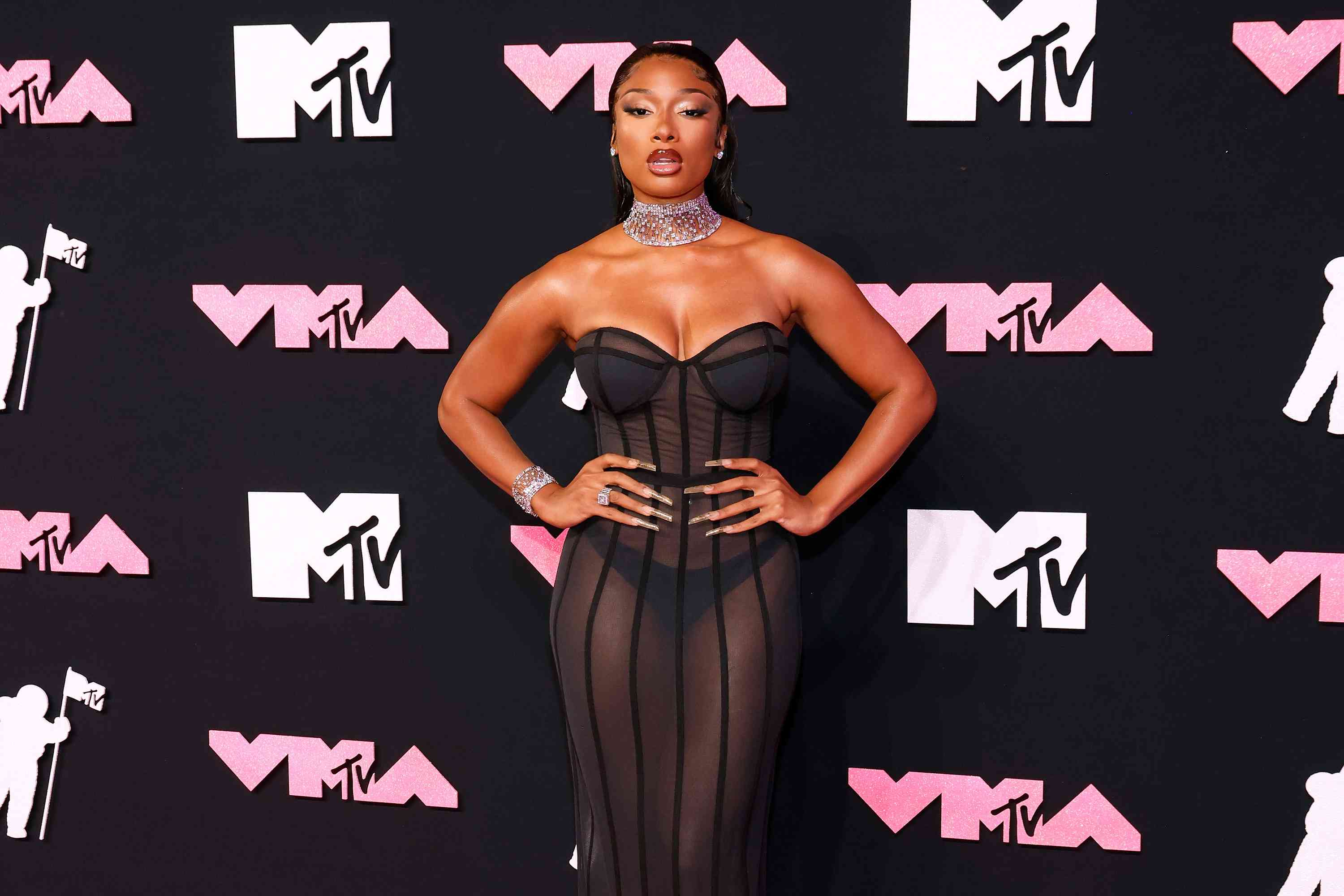 Megan Thee Stallion 2023 VMAs Black Mesh Dress