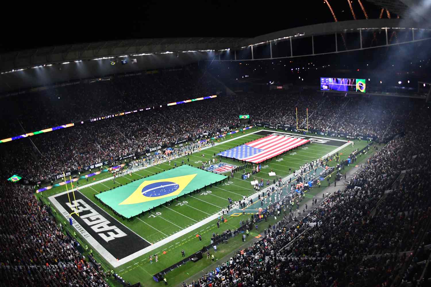 view of fireworks and Brazilian and the USA flags is seen before the NFL game between the Green Bay Packers and the Philadelphia Eagles on September 6, 2024