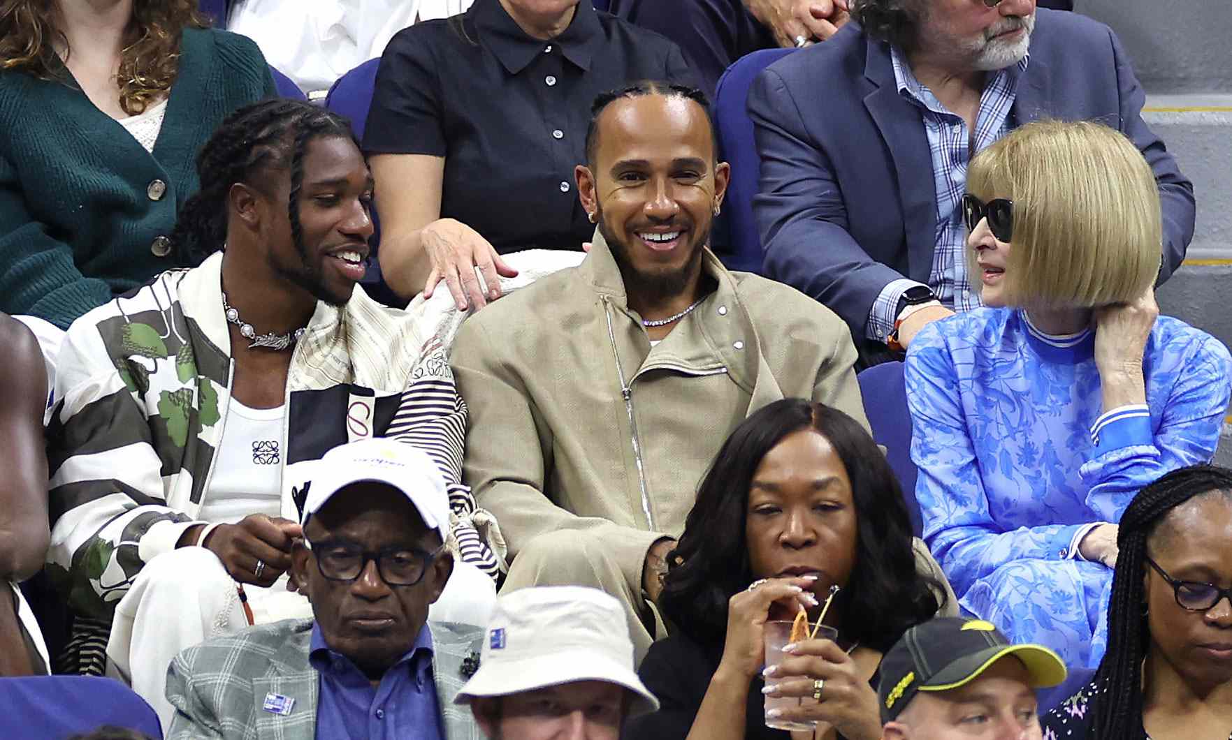 Noah Lyles, Lewis Hamilton and Anna Wintour attend the Women's Singles Final match between Aryna Sabalenka of Belarus and Jessica Pegula of the United States on Day Thirteen of the 2024 US Open