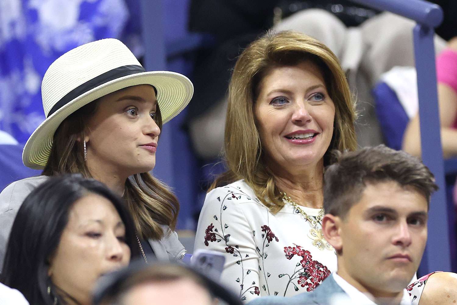 NEW YORK, NEW YORK - SEPTEMBER 03: American journalist Norah ODonnell (R) and daughter Grace Tracy look on during the Women's Singles Quarterfinal match between Zheng Qinwen of China and Aryna Sabalenka of Belarus on Day Nine of the 2024 US Open at USTA Billie Jean King National Tennis Center on September 03, 2024 in the Flushing neighborhood of the Queens borough of New York City