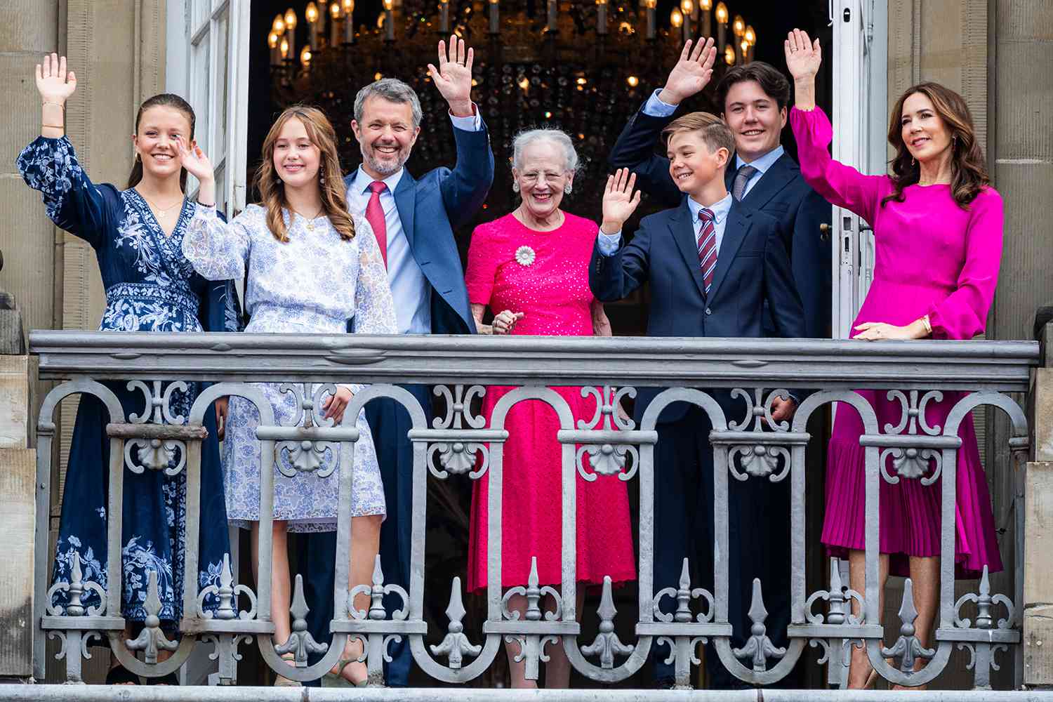 Princess Josephine, Princess Isabella, King Frederik X, Queen Margrethe, Prince Vincent, Crown Prince Christian and Queen Mary celebrate King Frederick's birthday at Amalienborg