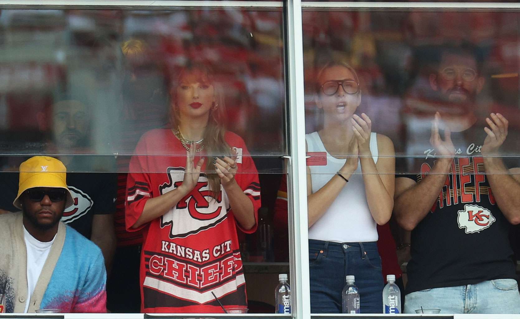 Taylor Swift cheers while watching game action between the Kansas City Chiefs and the Cincinnati Bengals during the first quarter at GEHA Field at Arrowhead Stadium on September 15, 2024