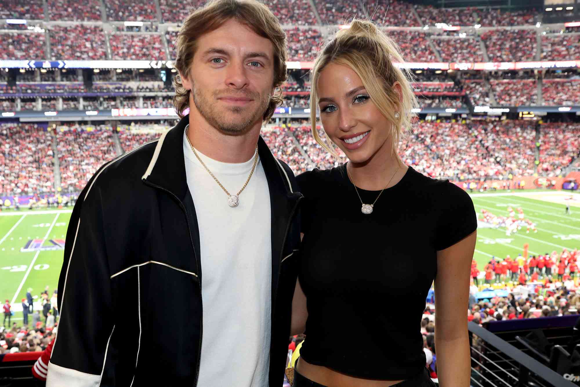 Braxton Berrios and Alix Earle attend the Super Bowl LVIII Pregame on February 11, 2024 in Las Vegas, Nevada.