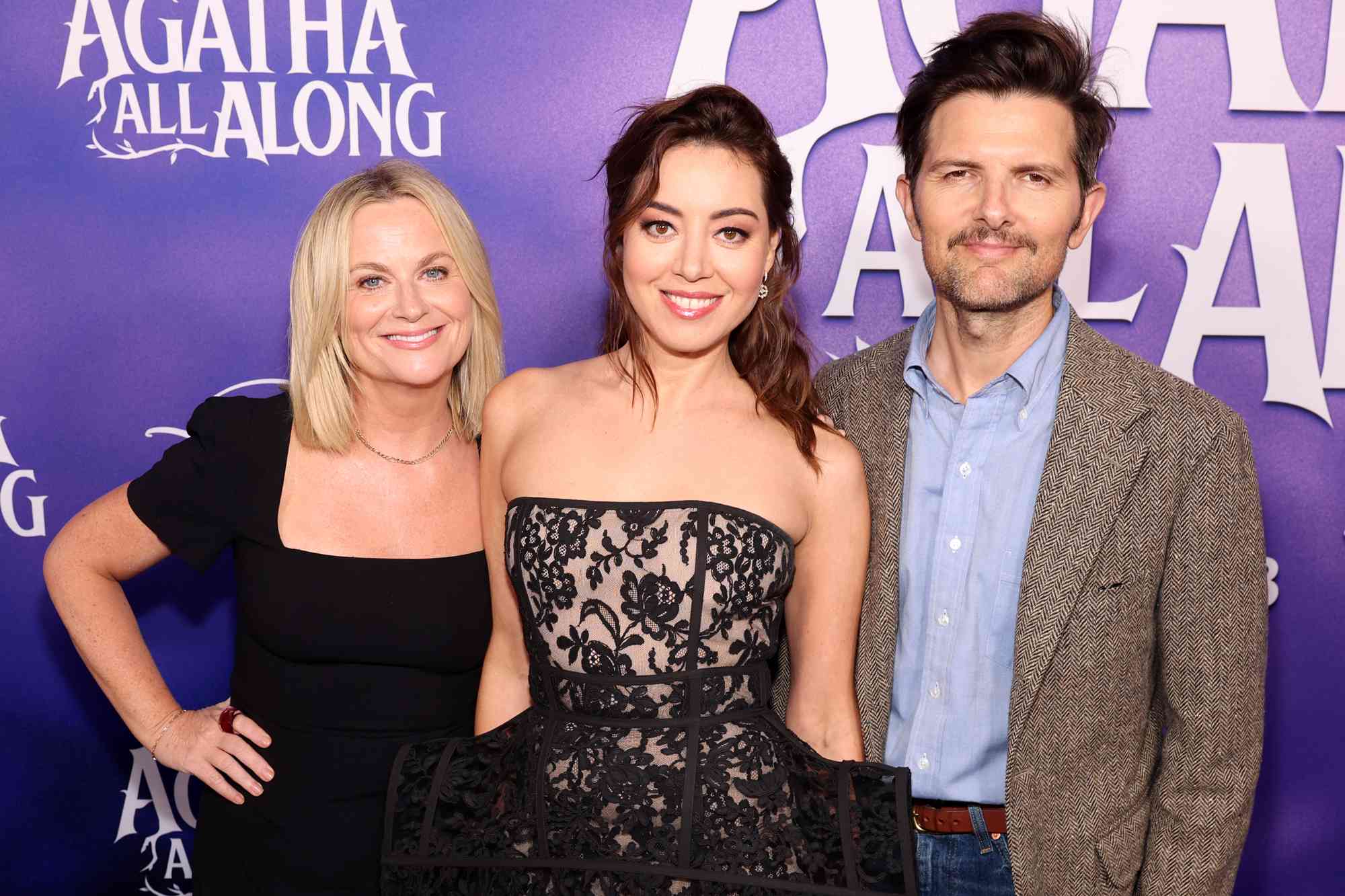 Amy Poehler, Aubrey Plaza and Adam Scott attend the launch event for Marvel Television's Agatha All Along at El Capitan Theatre in Hollywood, California on September 16, 2024. 