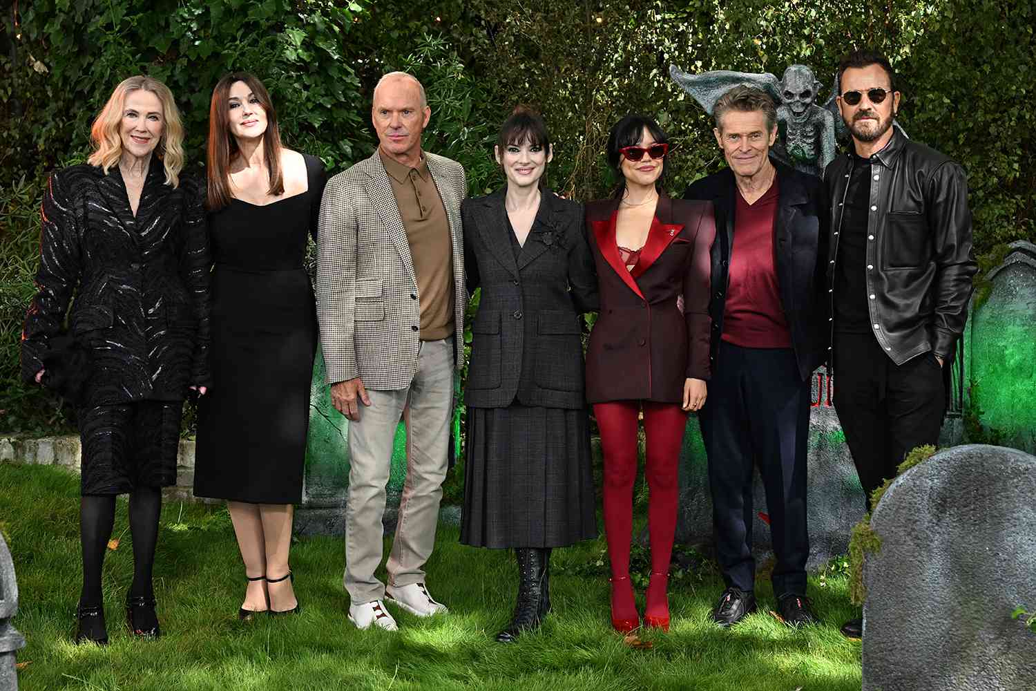 Catherine O'Hara, Monica Bellucci, Michael Keaton, Winona Ryder, Jenna Ortega, Willem Dafoe and Justin Theroux attend the London photocall of "Beetlejuice Beetlejuice" at One Marylebone on August 30, 2024 in London, England.