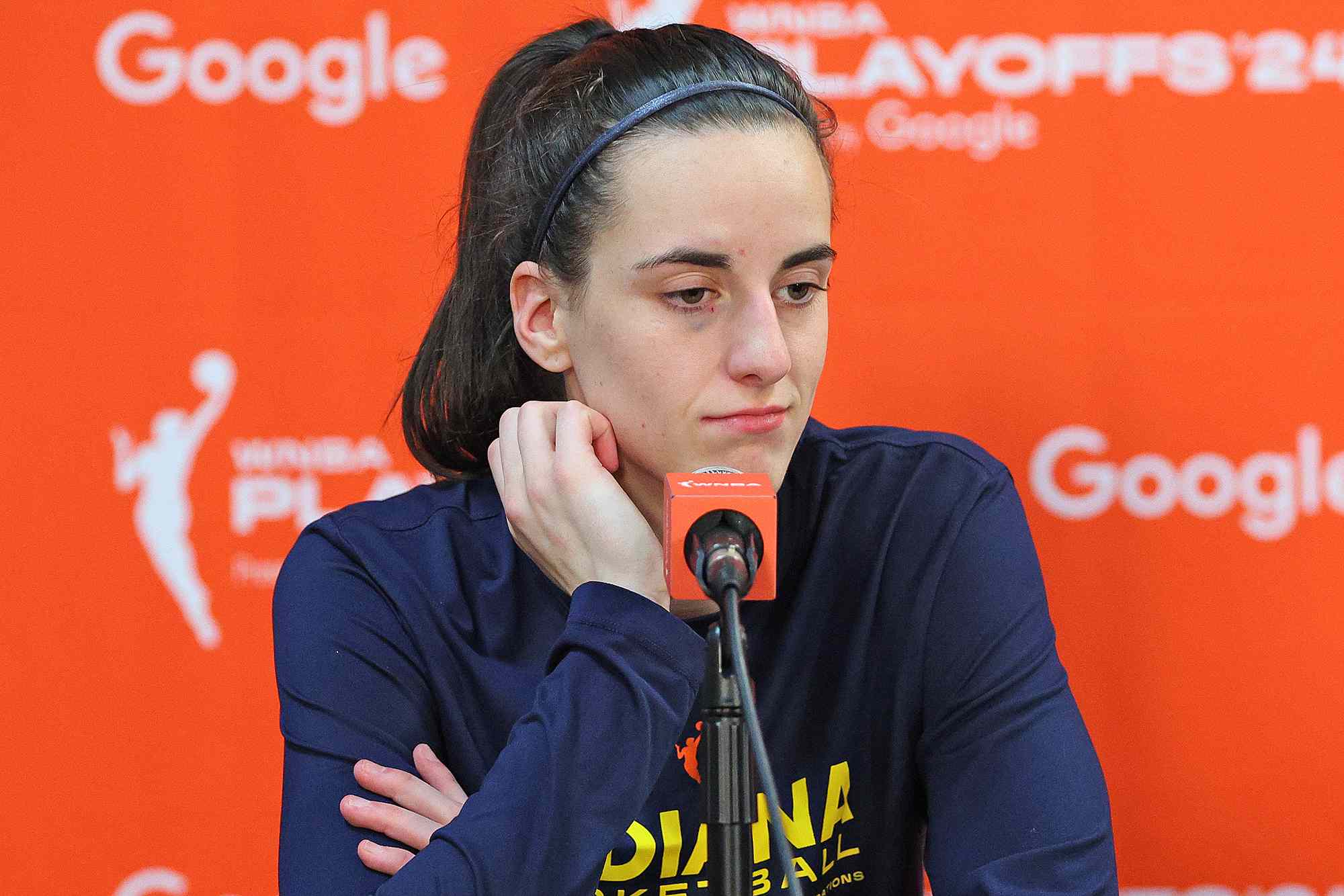 Indiana Fever guard Caitlin Clark (22) speaks with the media after the First Round and game 1 of the 2024 WNBA playoffs between Indiana Fever and Connecticut Sun on September 22, 2024, at Mohegan Sun Arena in Uncasville, CT.