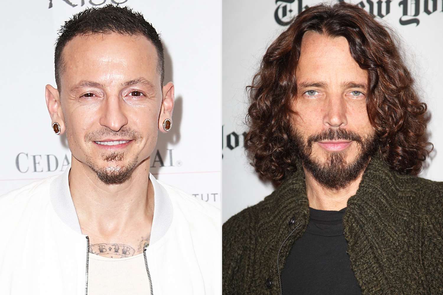 Chester Bennington arrives at 2016 Rhonda's Kiss Benefit at El Rey Theatre on November 3, 2016 in Los Angeles, California; Chris Cornell, interviewed by Jon Pareles, attending the New York Times 11th Annual Arts & Leisure Weekend at Times Center in New York City. 