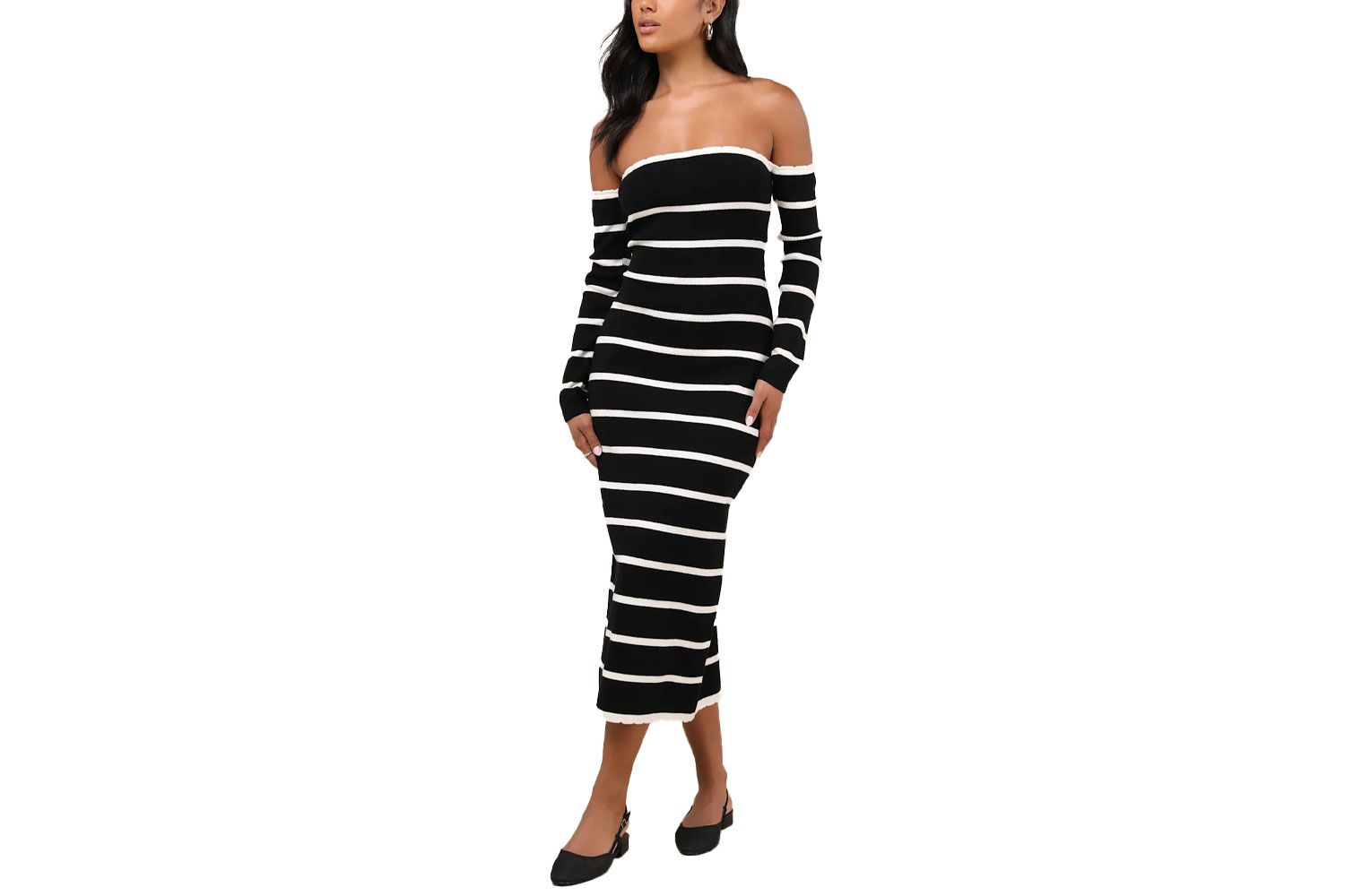 Chicest Side Black Striped Off-the-Shoulder Midi Sweater Dress