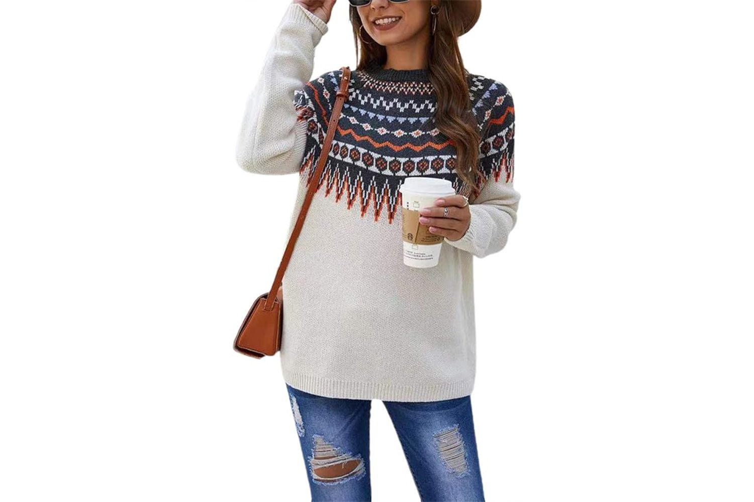 chouyatou Women's Casual Crewneck Knitted Fair Isle Print Sweater Pullover Tops