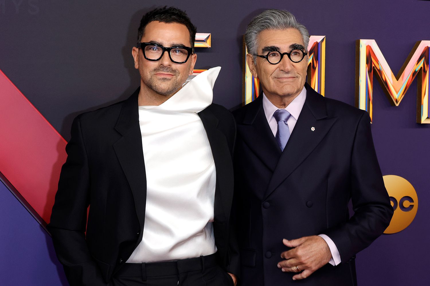 Dan Levy and Eugene Levy attend the 76th Primetime Emmy Awards at Peacock Theater on September 15, 2024 in Los Angeles, California. 