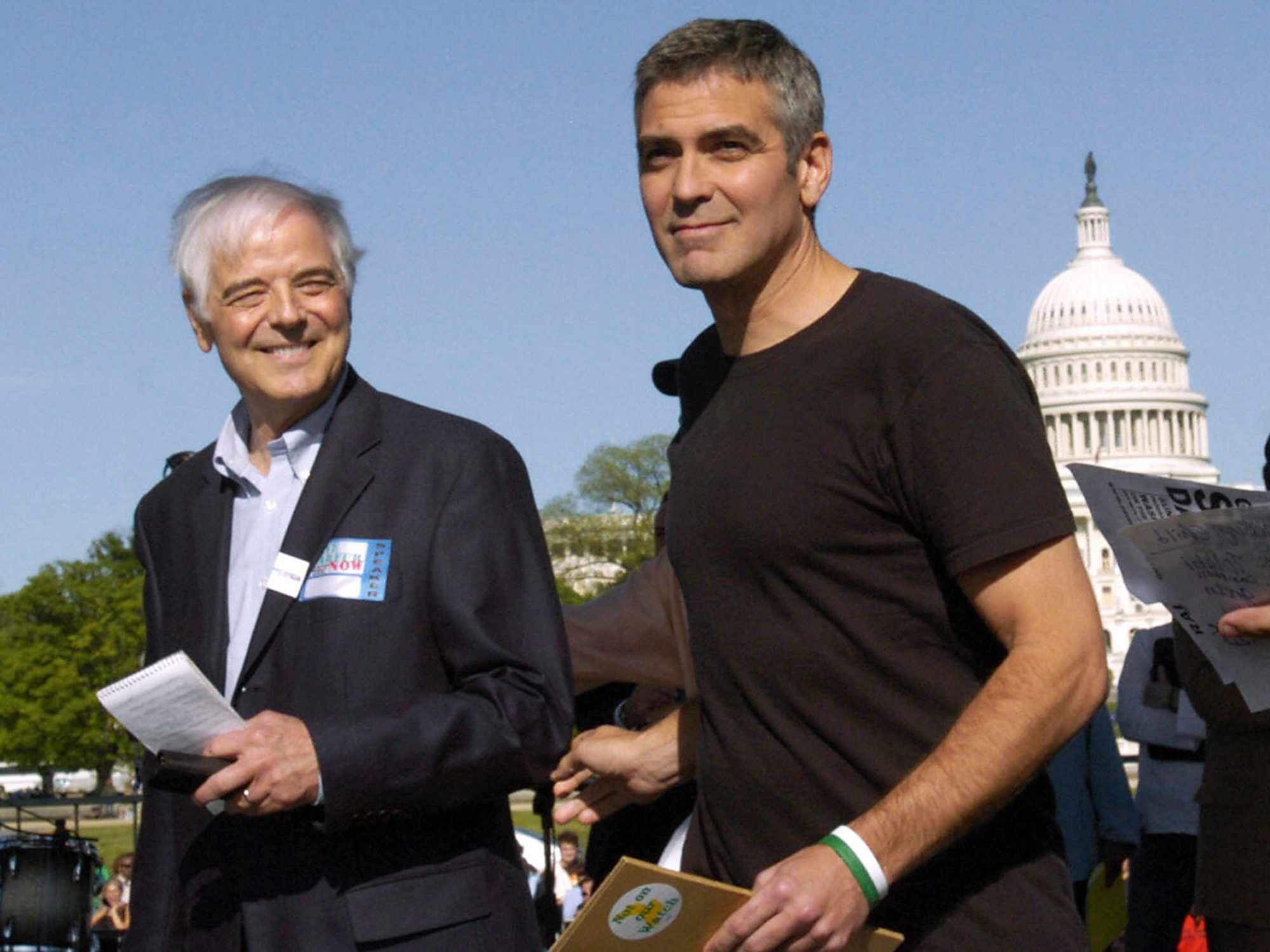 George Clooney and Nick Clooney before Nick Clooney addresses a rally on the National Mall in Washington on April 30, 2006.