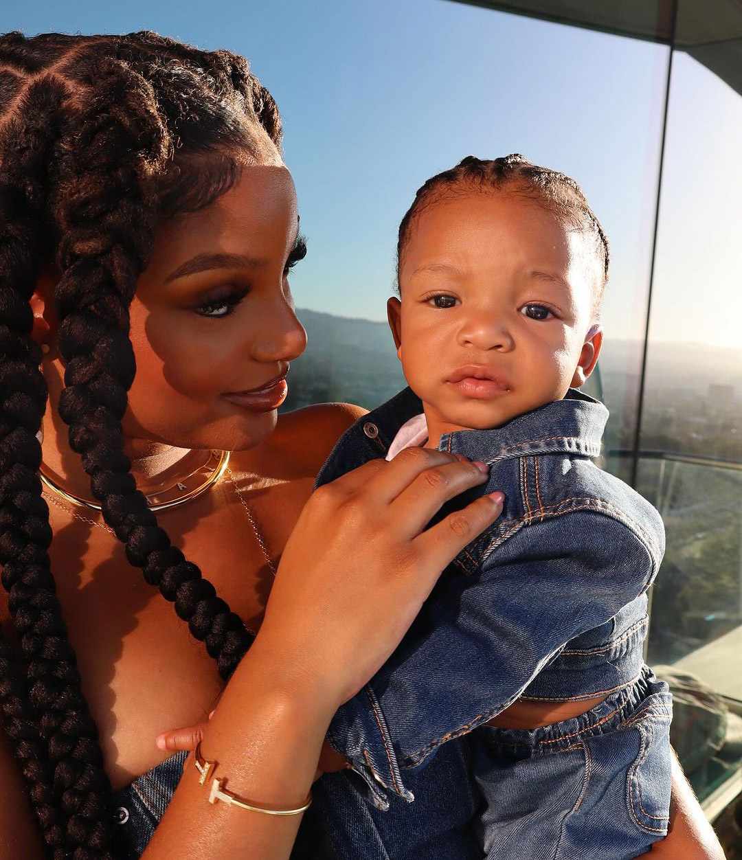 Halle Bailey double denim with son Halo instagram 08 15 24