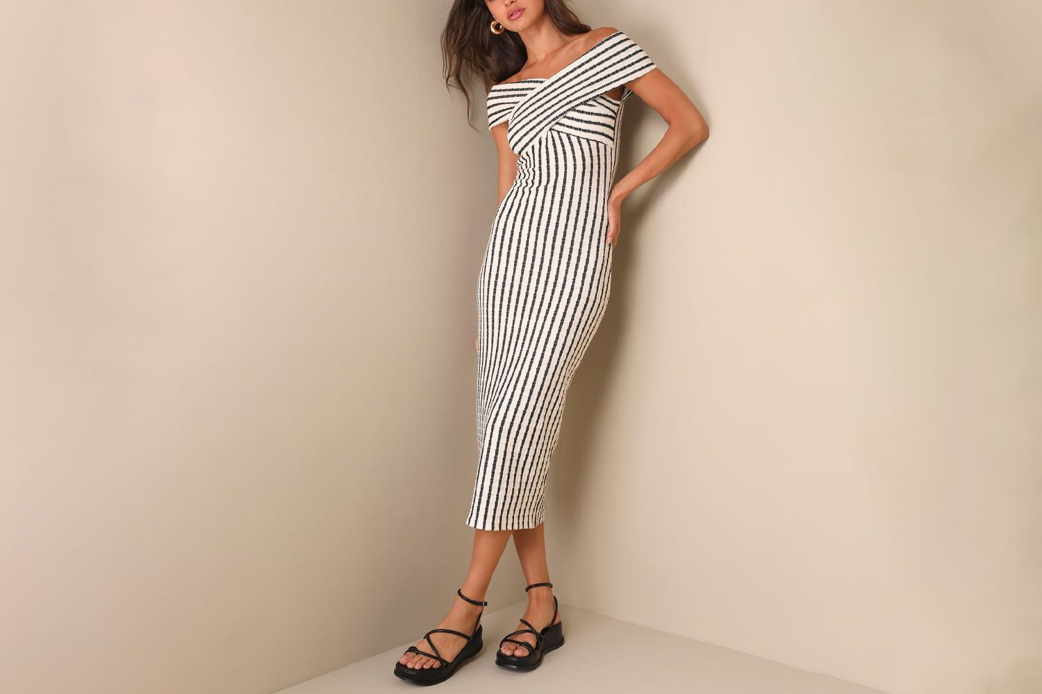 Iconic Always Black and White Striped Textured Midi Dress