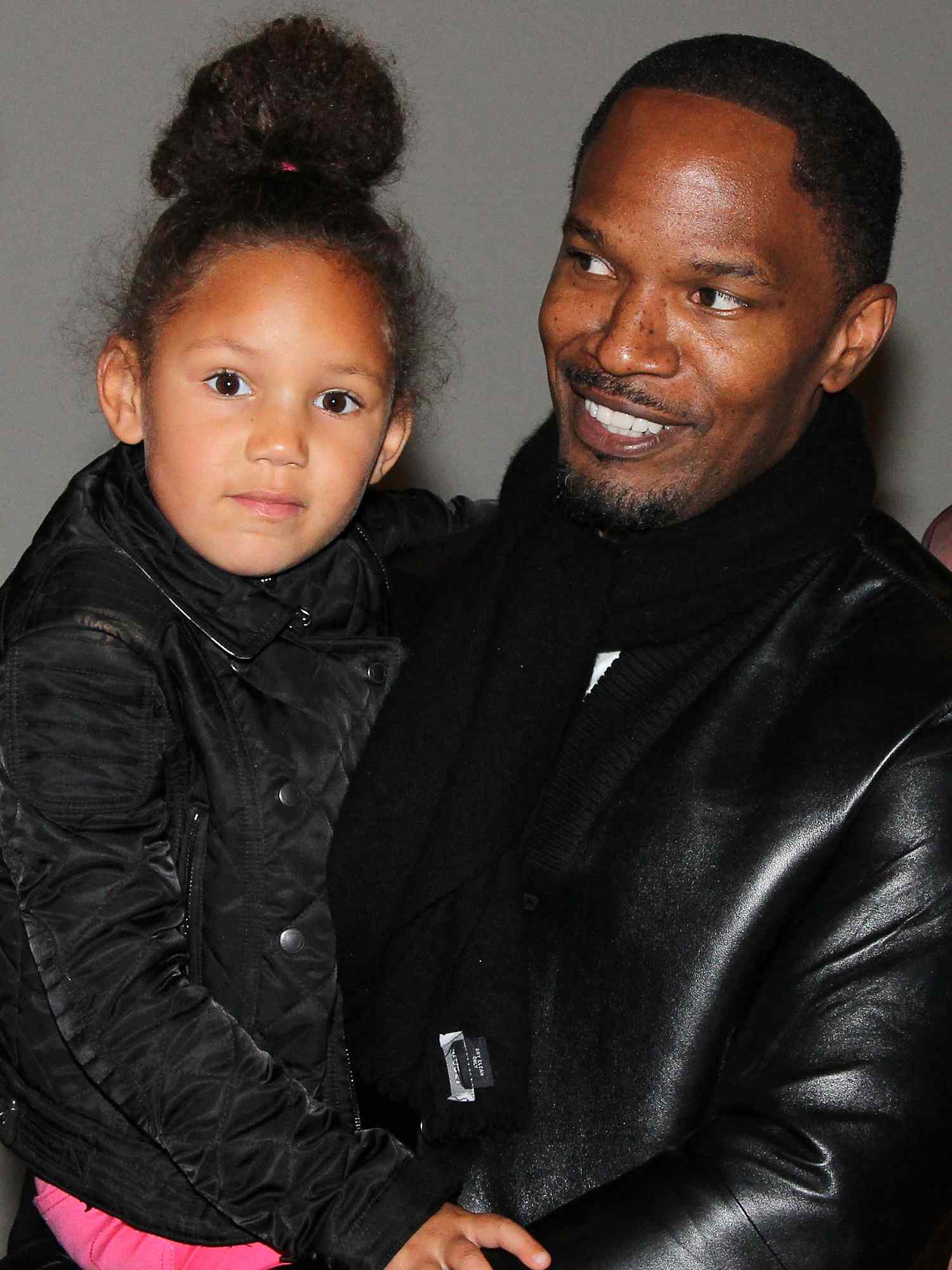 Annalise Foxx and father Jamie Foxx poses backstage at the musical "Motown The Musical" on Broadway at The Lunt Fontanne Theater on November 6, 2013 in New York City