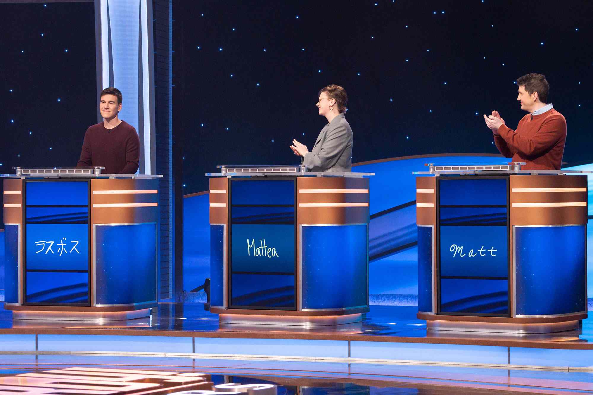 James Holzhauer, Mattea Roach, and Matt Amdoio on 'Jeopardy'. 