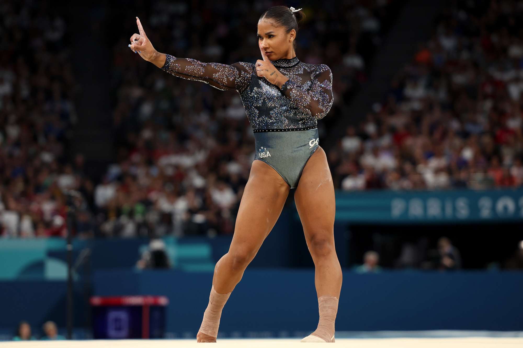 Jordan Chiles of Team United States competes in the floor exercise during the Artistic Gymnastics Women's Qualification on day two of the Olympic Games Paris 2024 at Bercy Arena on July 28, 2024 in Paris, France.