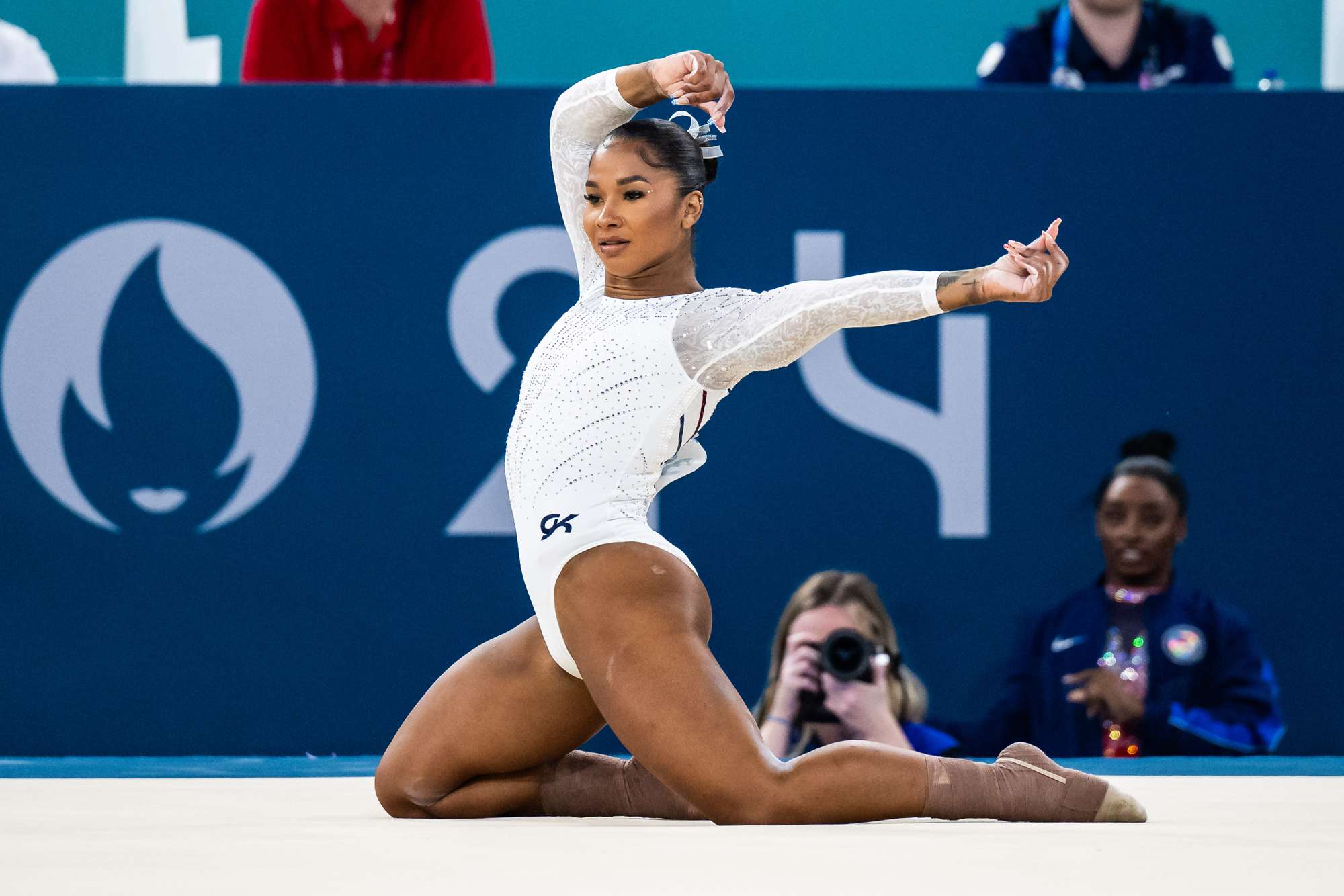 Jordan Chiles of Team United States in action Artistic Gymnastics Women's Floor Exercise Final on day ten of the Olympic Games Paris 2024 at the Bercy Arena on August 5, 2024 in Paris, France. 