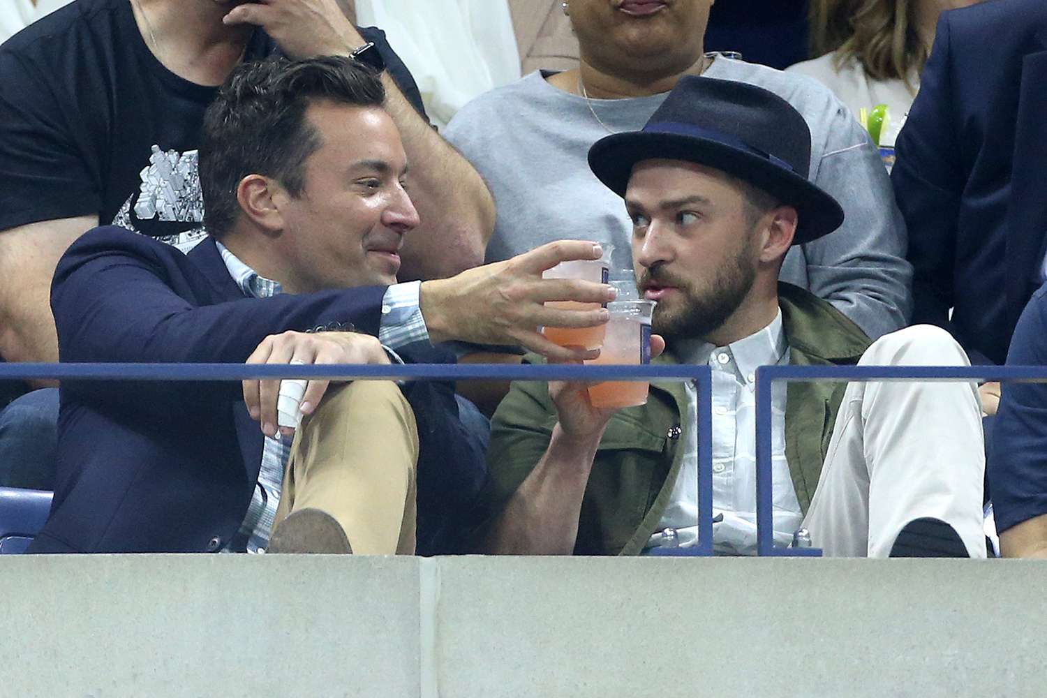 Jimmy Fallon and Justin Timberlake attend day ten of the 2015 US Open