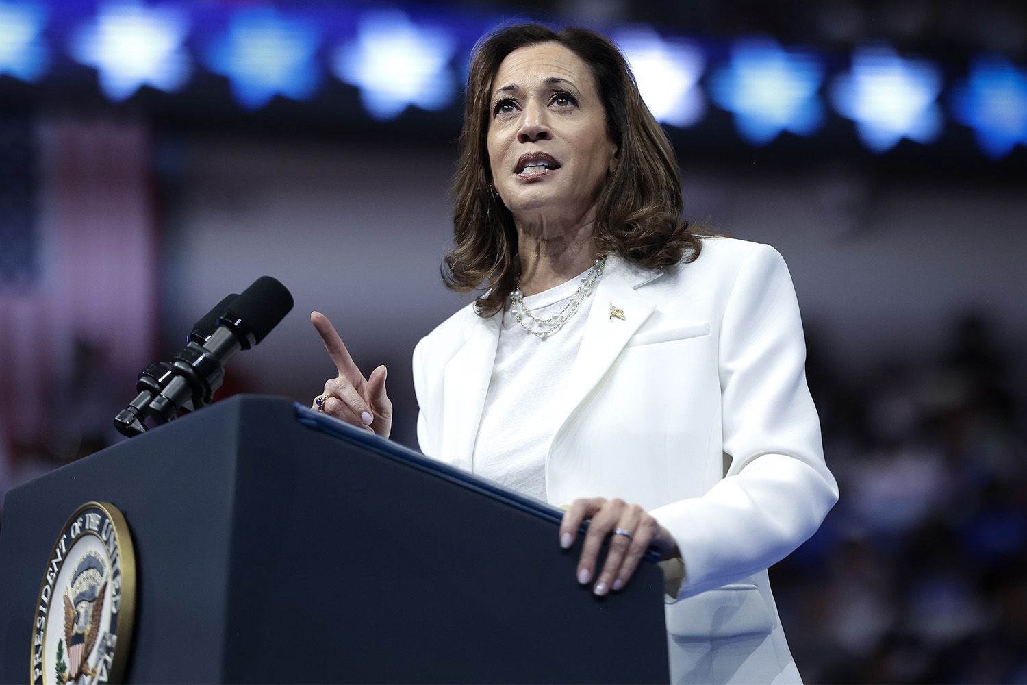 Democratic presidential nominee, U.S. Vice President Kamala Harris speaks at a campaign rally at the Enmarket Arena August 29, 2024 in Savannah, Georgia