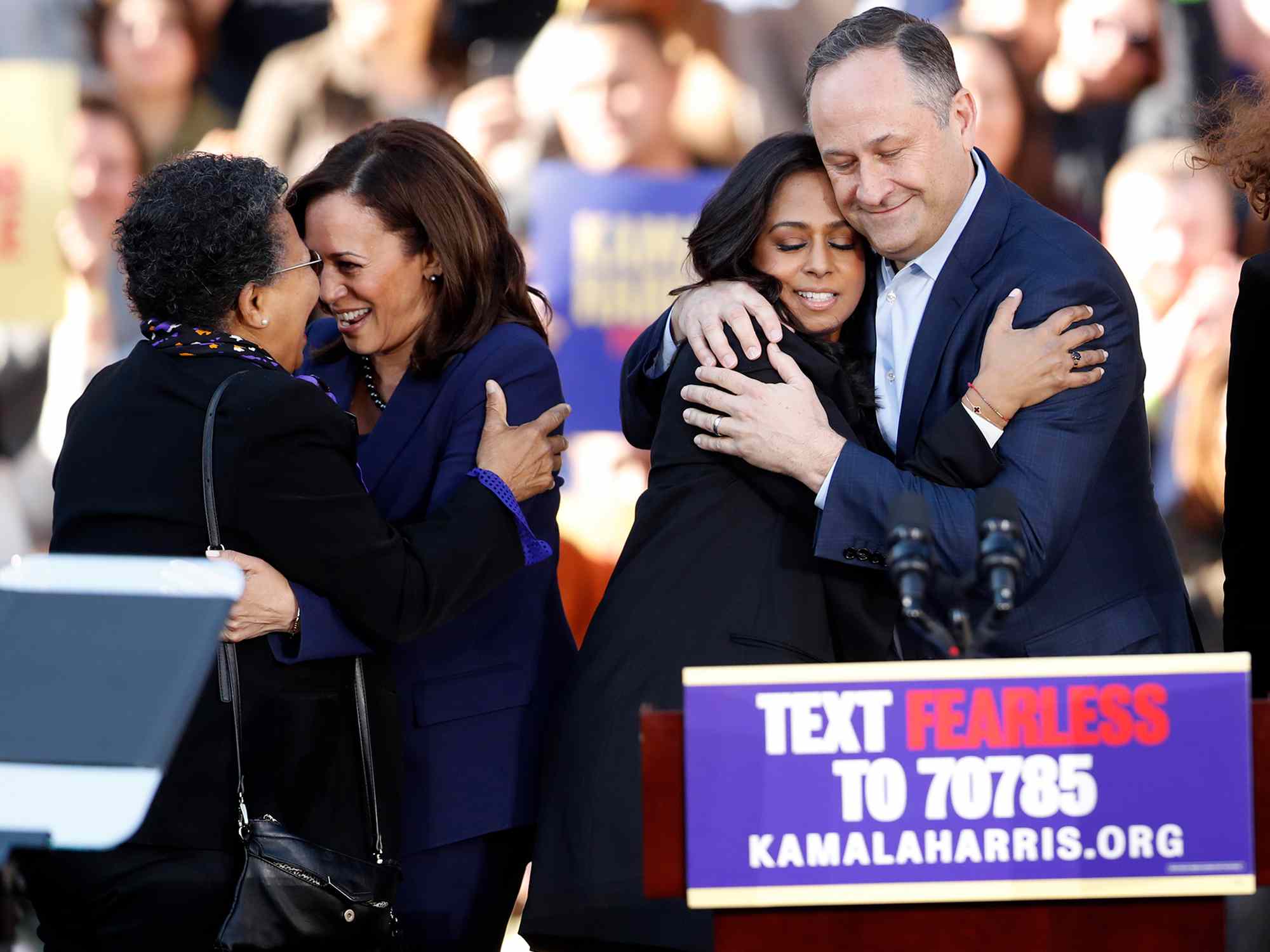 Kamala Harris, Maya Harris, and Douglas Emhoff after the California Senator launched her presidential campaign in 2019.