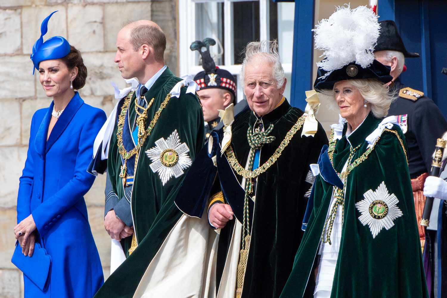 Catherine, Princess of Wales, Prince William, Prince of Wales, known as the Duke and Duchess of Rothesay while in Scotland, King Charles III and Queen Camilla watch the Red Arrows flypast at Holyroodhouse following a National Service of Thanksgiving and Dedication to the coronation of King Charles III and Queen Camilla at St Giles' Cathedral on July 5, 2023 in Edinburgh, Scotland