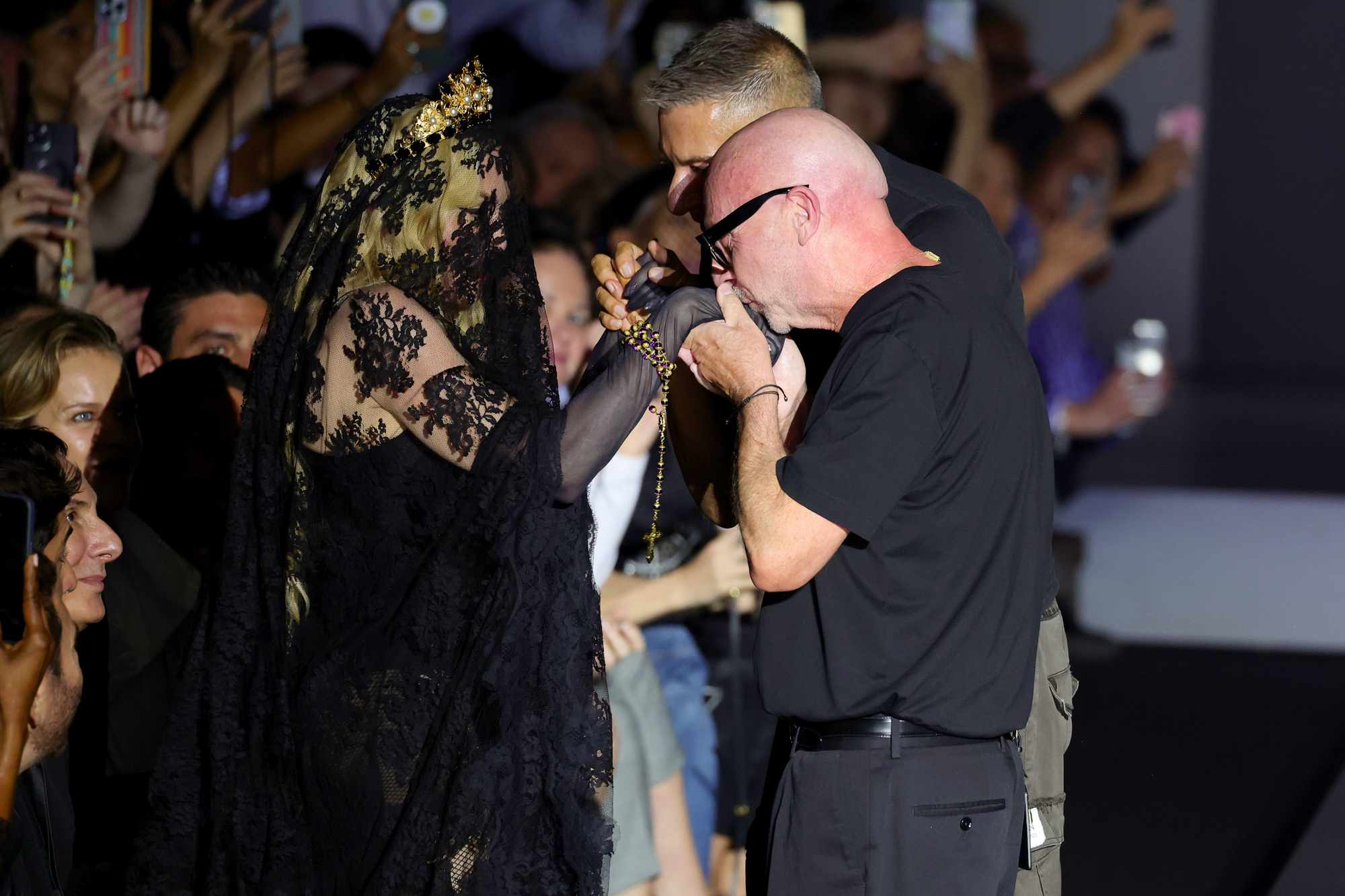 Madonna, Domenico Dolce and Stefano Gabbana are seen on the runway at the Dolce & Gabbana fashion show during the Milan Womenswear Spring/Summer 2025 on September 21, 2024 in Milan, Italy.