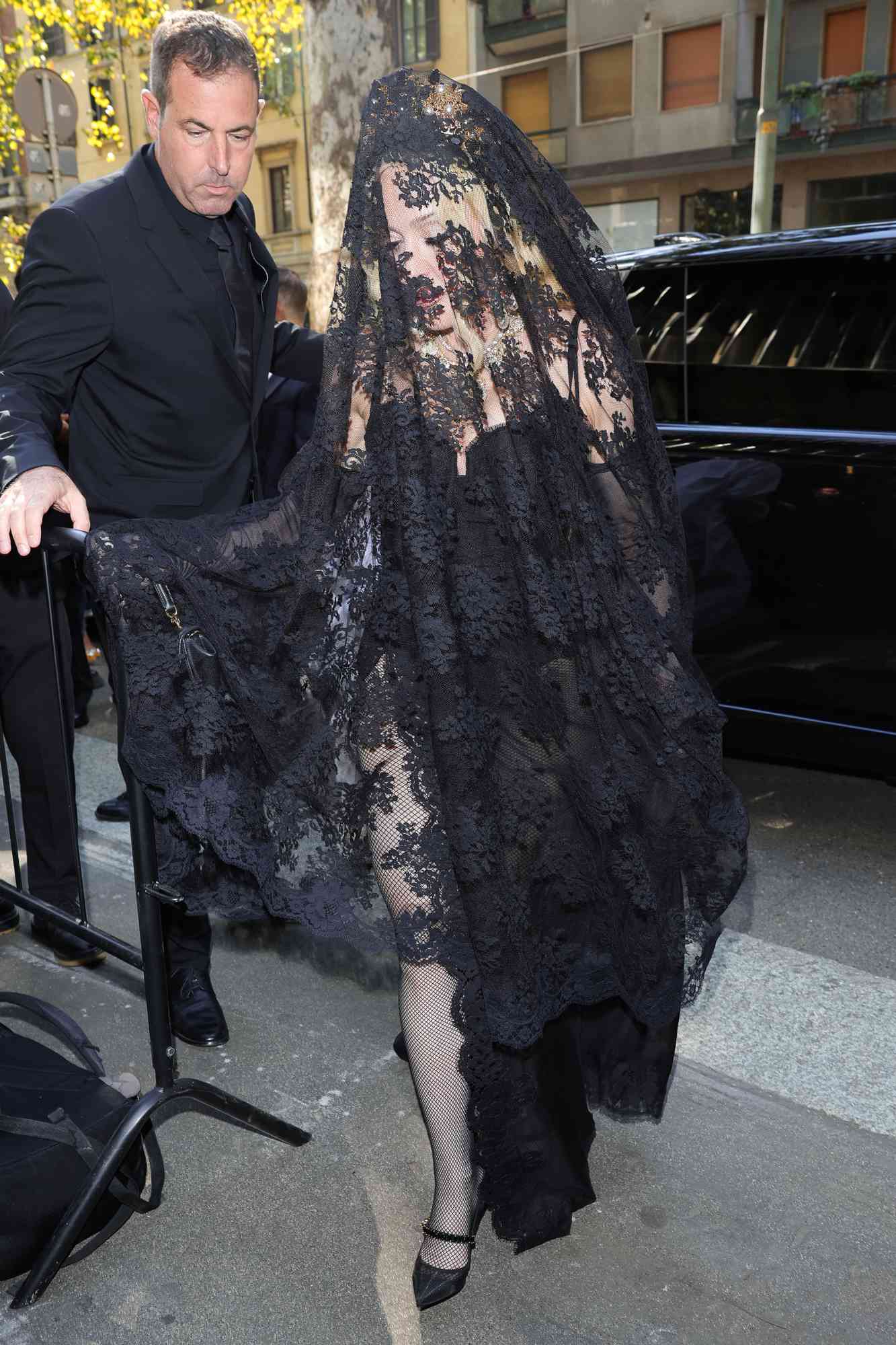 Madonna arrives at the Dolce & Gabbana fashion show during the Milan Womenswear Spring/Summer 2025 on September 21, 2024 in Milan, Italy. 