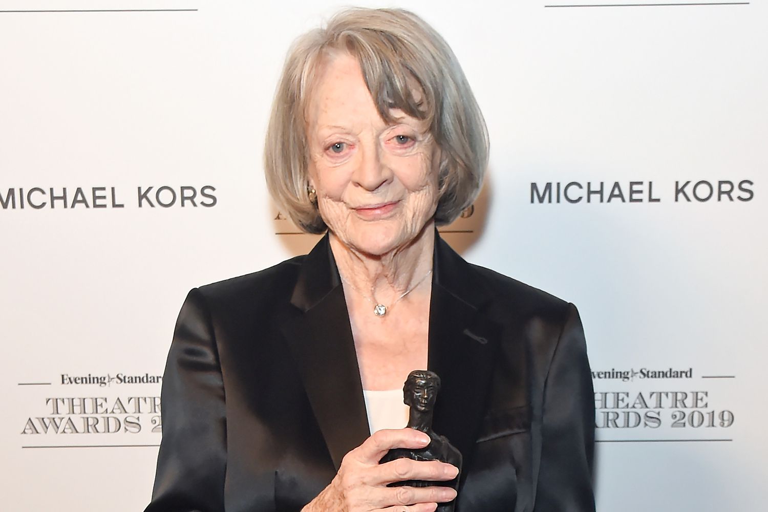 Dame Maggie Smith, winner of Natasha Richardson Award for Best Actress Award in partnership with Christian Louboutin for 'A German Life' poses in the winners room at the 65th Evening Standard Theatre Awards In Association With Michael Kors at London Coliseum on November 24, 2019 in London, England