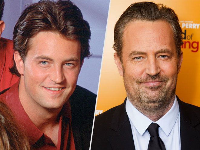 Matthew Perry as Chandler Bing on 'Friends' and at the premier of 'End of Longing' in 2016