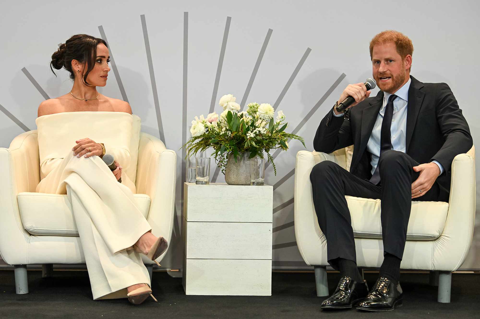 Meghan, Duchess of Sussex and Prince Harry, Duke of Sussex speak onstage at The Archewell Foundation Parents' Summit: Mental Wellness in the Digital Age during Project Healthy Minds' World Mental Health Day Festival 2023 on October 10, 2023 in New York City. 