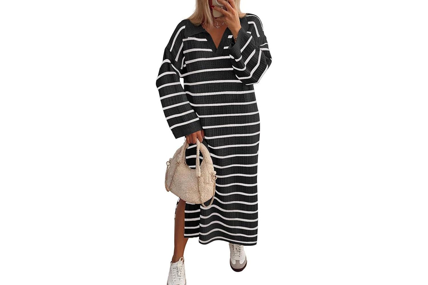 MEROKEETY Women's 2024 Long Sleeve Striped Sweater Dress V Neck Collared Slit Casual Knit Maxi Dresses