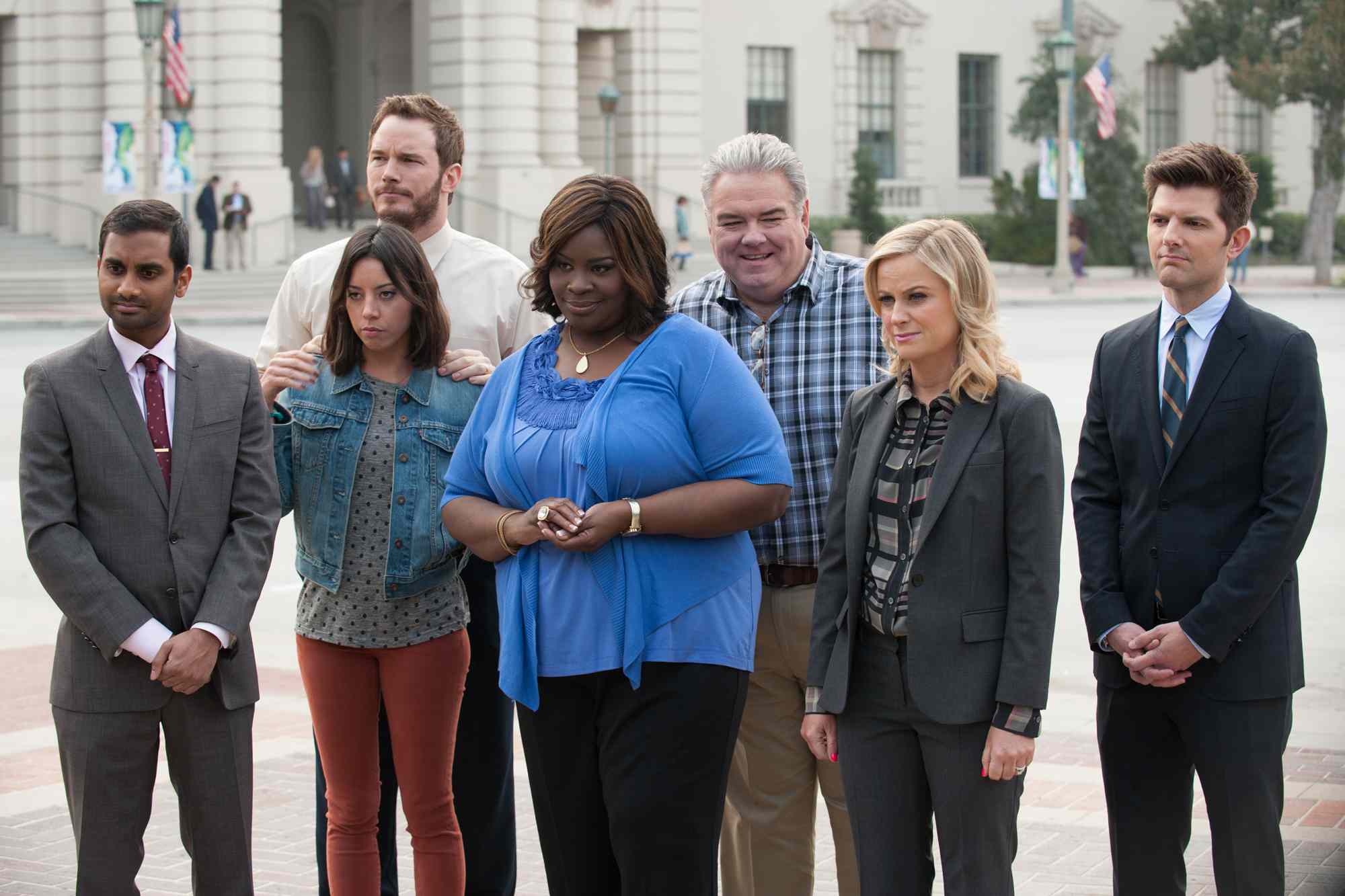 PARKS AND RECREATION -- "Moving Up" Episode 621/622 -- Pictured: (l-r) Aziz Ansari as Tom Haverford, Aubrey Plaza as April Ludgate, Chris Pratt as Andy Dwyer, Retta as Donna Meagle, Jim O'Heir as Jerry Gergich, Amy Poehler as Leslie Knope, Adam Scott as Ben Wyatt 