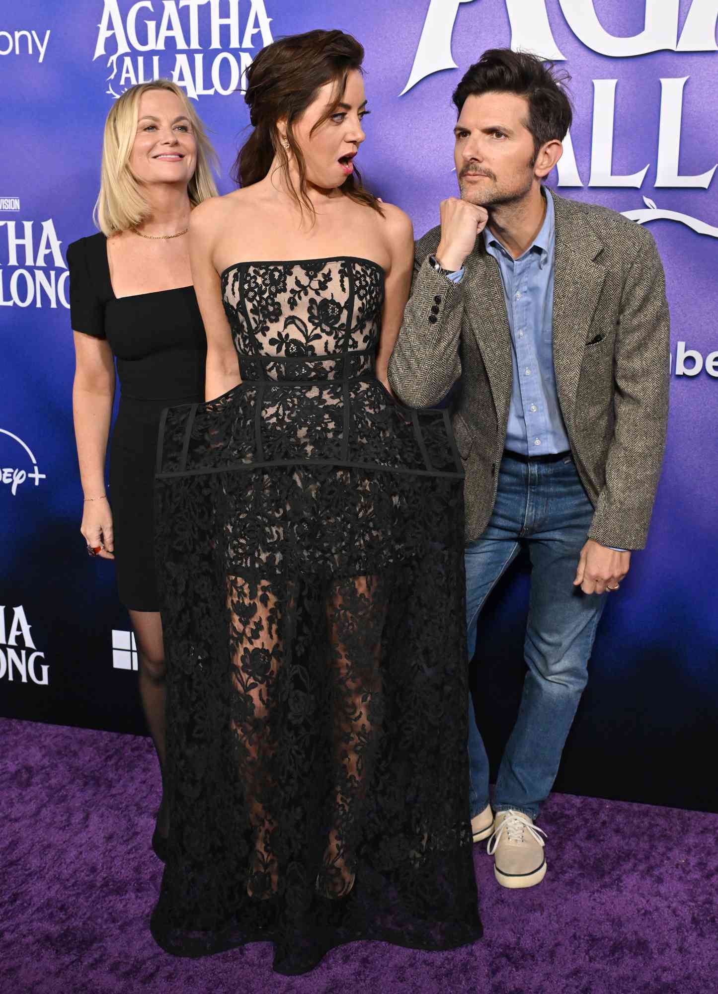 Amy Poehler, Aubrey Plaza and Adam Scott attend the Special Launch Event for Marvel Television's "Agatha All Along" at El Capitan Theatre on September 16, 2024 in Los Angeles, California.