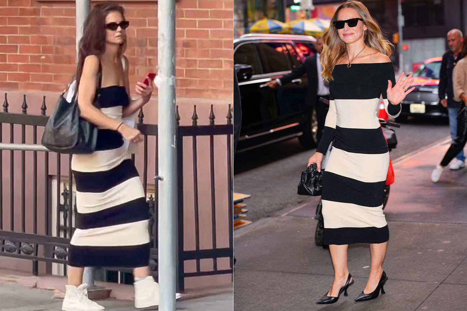 kristen bell and katie holmes in striped dresses showing off street style