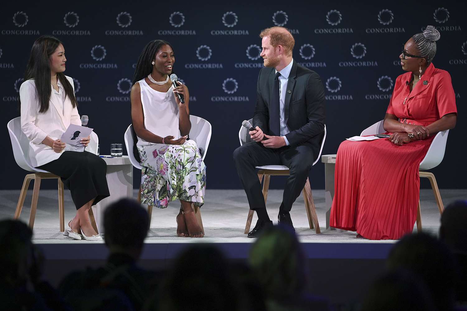 The Diana Award Recipients Chiara Riyanti Hutapea Zhang (Indonesia) and Christian Williams (Jamaica) sit on a panel with Prince Harry, Duke of Sussex and Dr. Tessy Ojo CBE as they attend the 2024 Concordia Annual Summit in honor of the Diana Award 