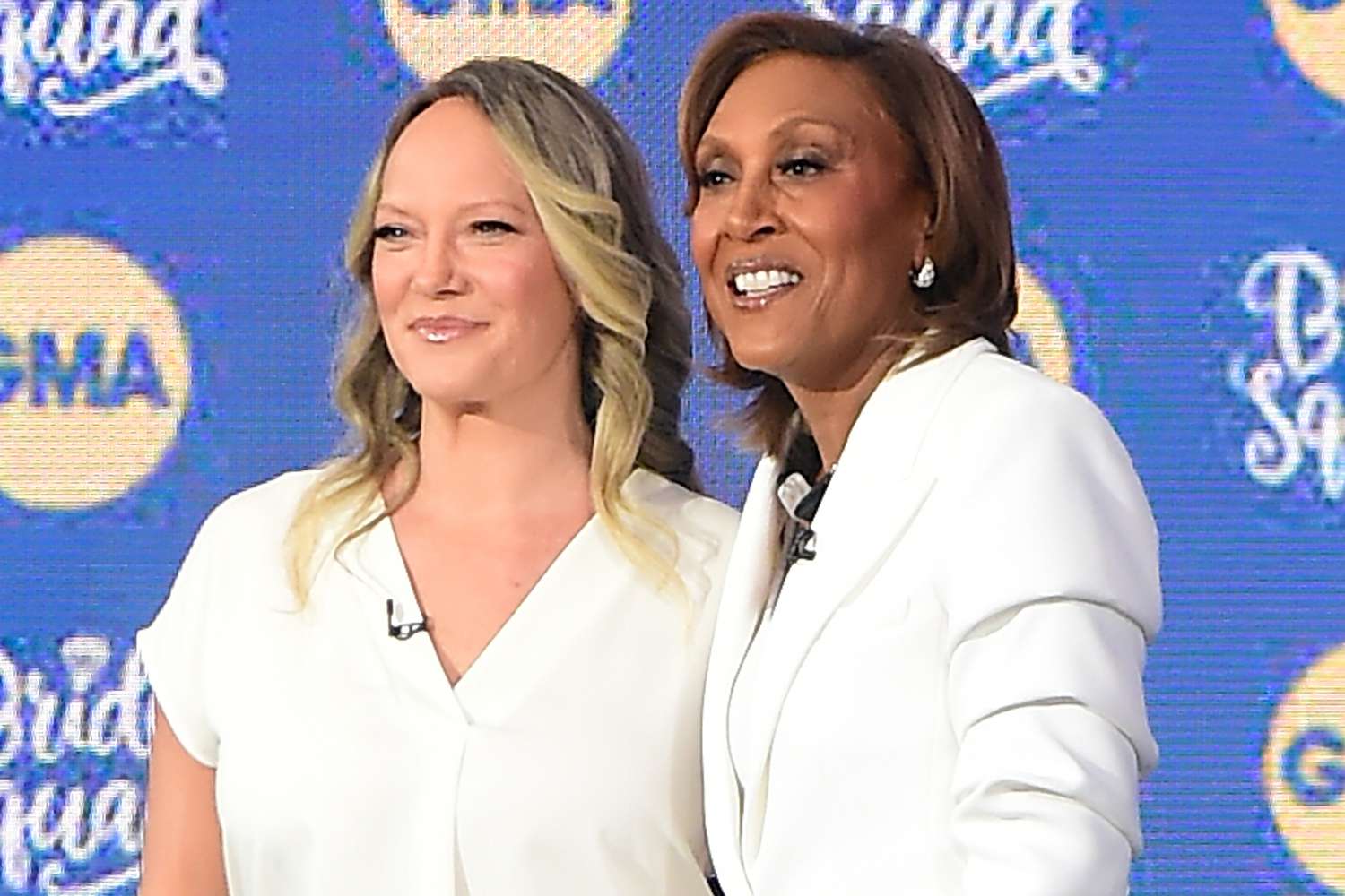 Amber Laign and Robin Roberts are seen on set of "Good Morning America" on August 16, 2023 in New York City