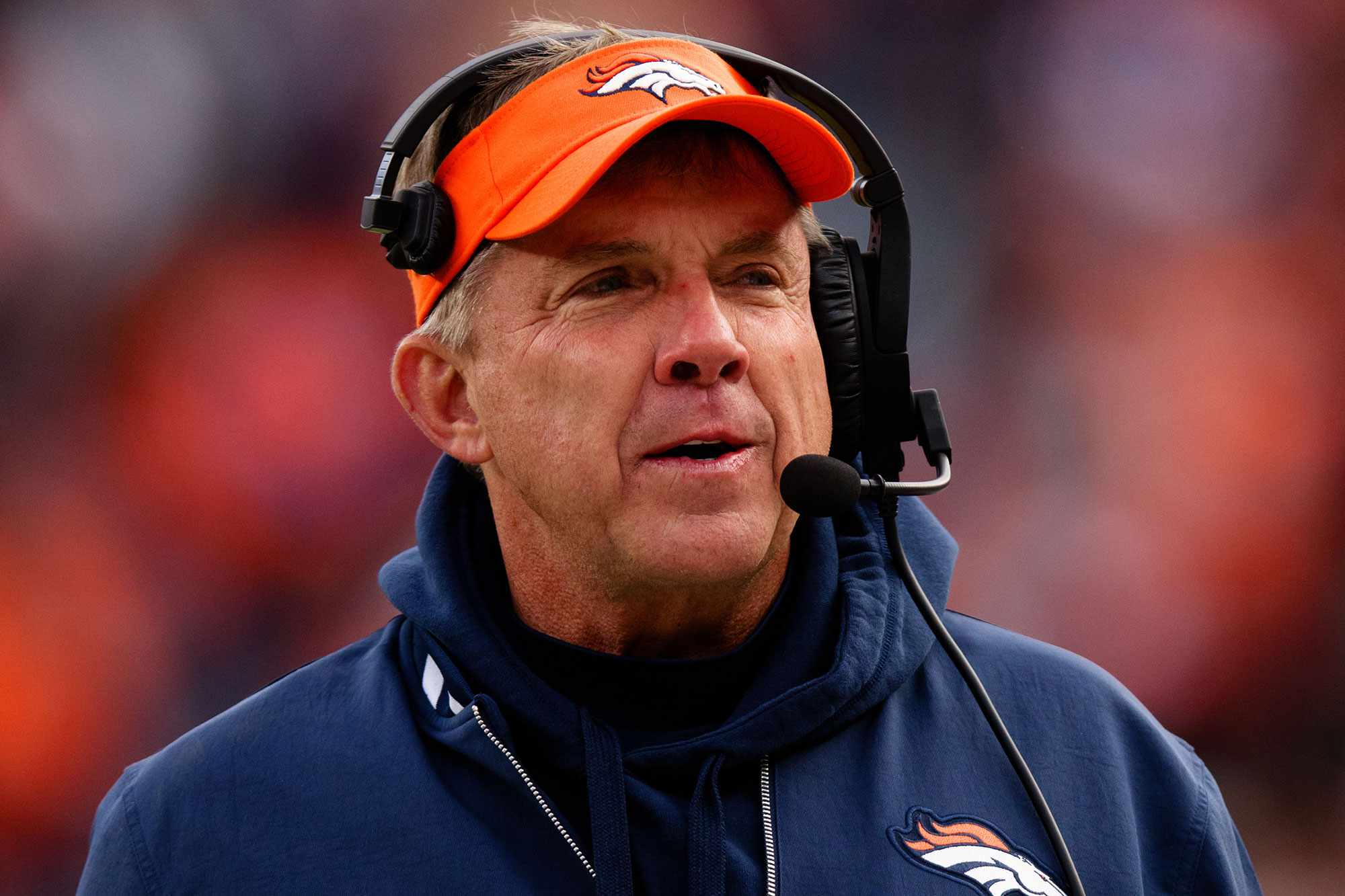 Sean Payton of the Denver Broncos talks on the sidelines during the second quarter against the Los Angeles Chargers at Empower Field at Mile High on December 31, 2023 in Denver, Colorado.