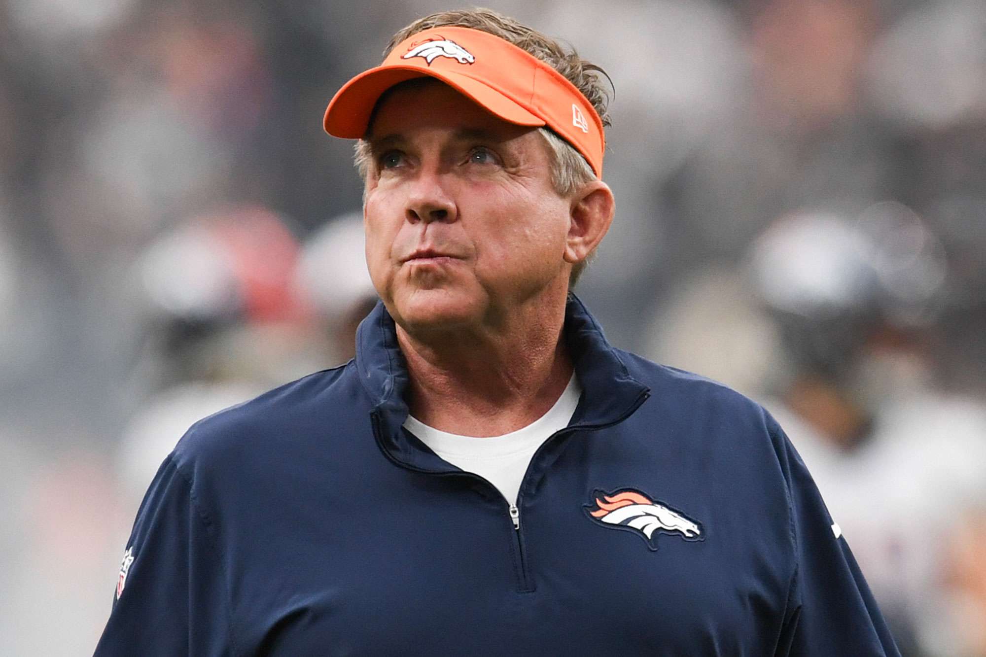 Sean Payton of the Denver Broncos looks on during warmups before a game against the Las Vegas Raiders at Allegiant Stadium on January 07, 2024 in Las Vegas, Nevada.