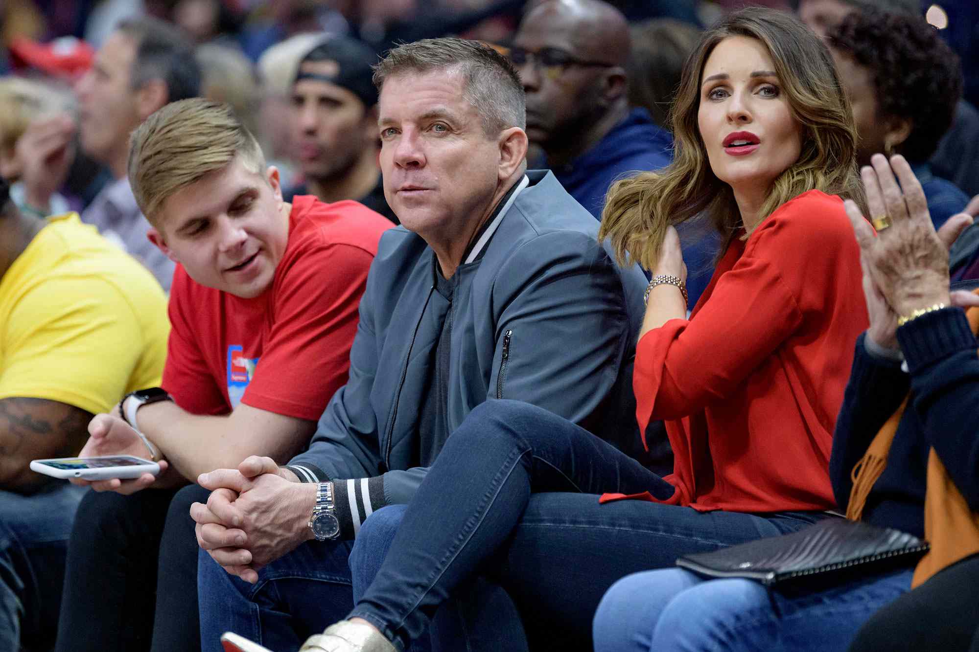 Sean Payton, Skylene Montgomery, and Connor Payton at an NBA basketball game between the New Orleans Pelicans and the Chicago Bulls on January 8, 2020.