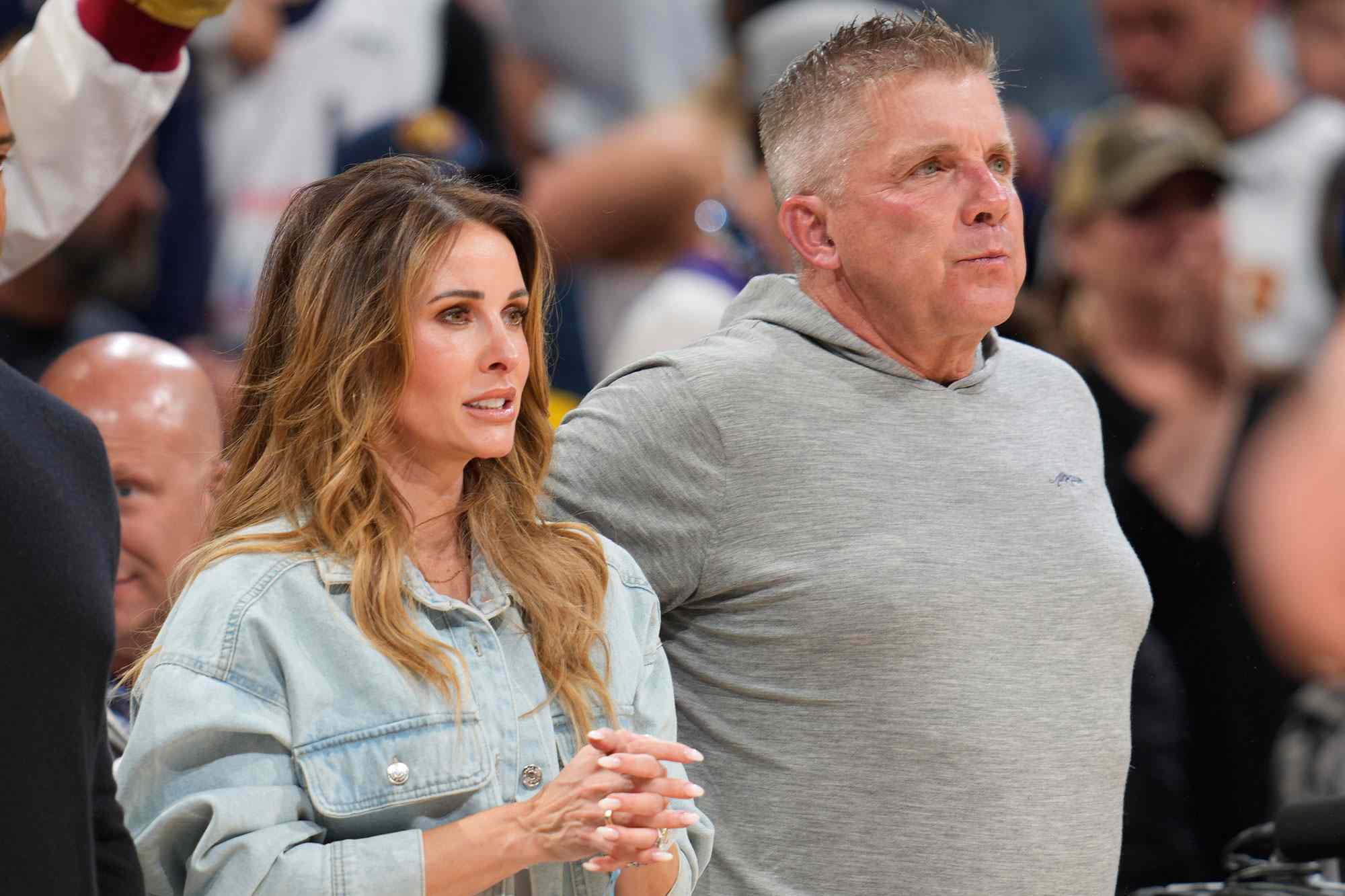 Skylene Payton and Sean Payton n the first half of Game 5 of an NBA basketball semifinal playoff series on May 9, 2023.