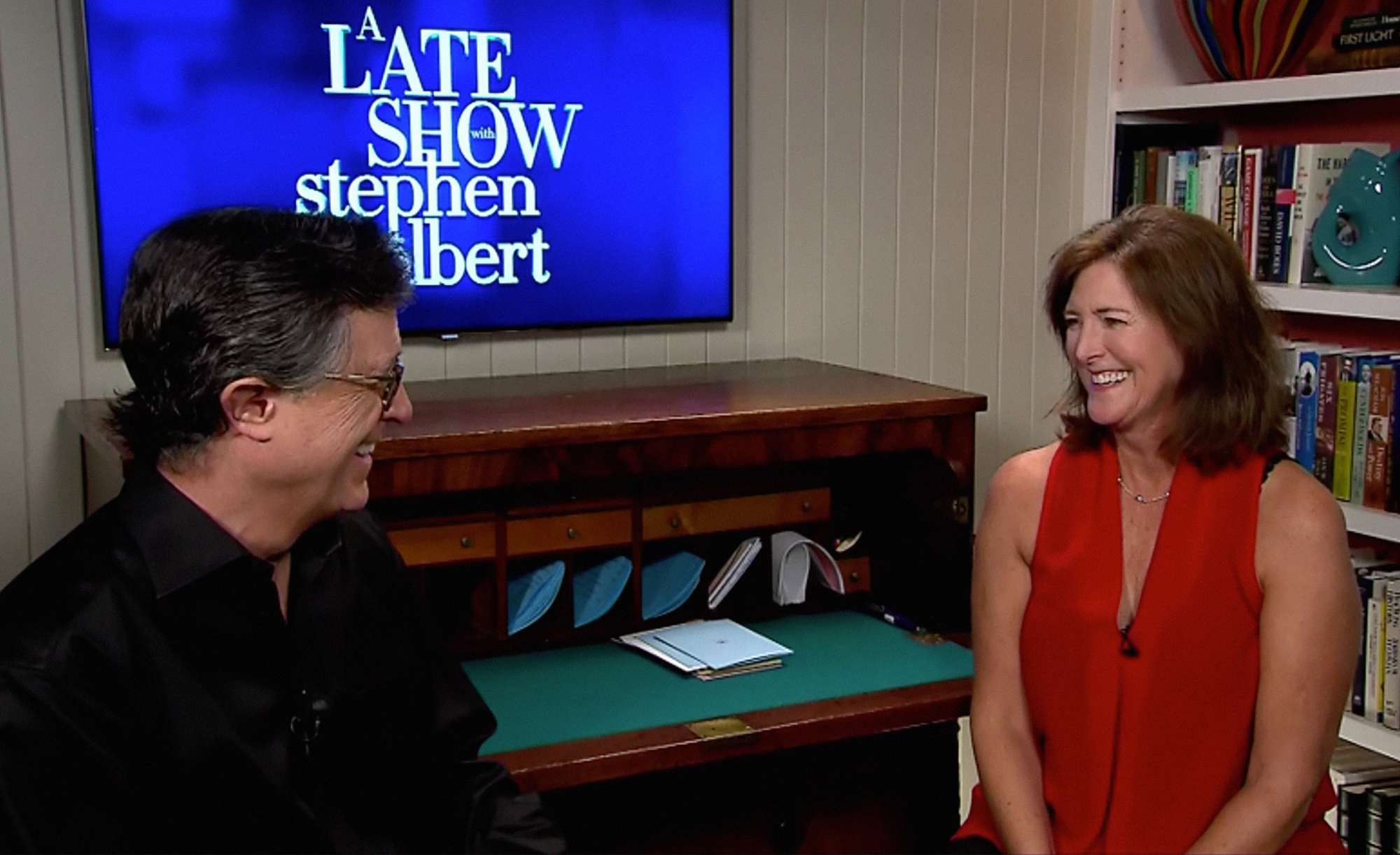 Stephen Colbert and Evelyn Colbert during Thursday June 18 2020 show. Image is a screen grab